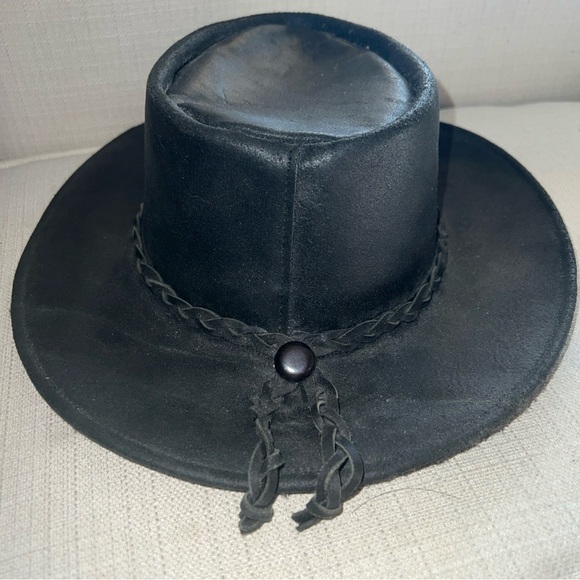 Black Leather Cowboy Hat Braided Band With Tassels Size Large Made In Mexico - Picture 4 of 6